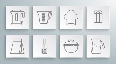 Kahve çekirdeği torbası, ölçü kabı, spatula, tencere, su dolu sürahi bardağı, şef şapkası, tuz ve elektrikli su ısıtıcısı ikonu. Vektör