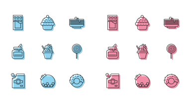 Şekerler için şeker paketleri, içinde şeker olan cam kavanoz, çikolata, çörek, dondurma kasesi, lolipop, bal kavanozu ve kek ikonu. Vektör