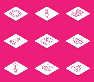 CPU, Audio jack, Book, Rocket ship, Crospuzzle, School sırt çantası, Oyun Kılıcı ve UFO uçan uzay gemisi ikonu ile hat işlemcisini ayarla. Vektör