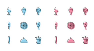 Hattı belirle, tepsiyle kaplı, kasede dondurma, tavuk budu paketi, pizza ve waffle konisi ikonu. Vektör
