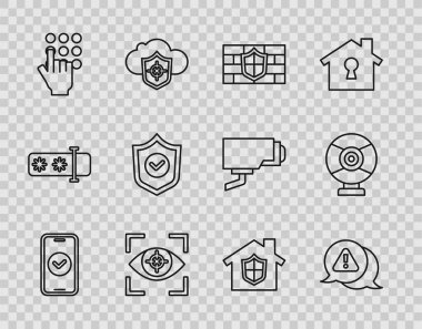 Akıllı telefon, üçgende ünlem işareti, tuğla duvarlı kalkan, göz taraması, şifre koruması, kontrol, ev altında ve güvenlik kamerası simgesi. Vektör