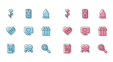 Takvimi 14 Şubat, Heart, çiçek şeklinde arama kalbi ve sevgi, hediye kutusu, Candy şeklinde ve online flört uygulaması sohbet ikonu şeklinde ayarla. Vektör