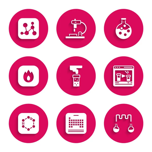 stock vector Set Test tube and flask, Periodic table, Chemical online, Formula of benzene rings, Fire flame,  and formula icon. Vector