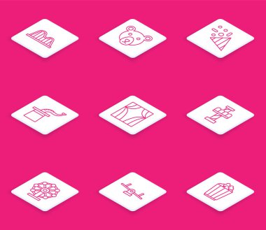 Hız treni, Ayı kafası, Festive konfetisi, Sihirbaz şapkası, Sirk perdesi kalkışı, Cazibe Atlıkarınca, dönme dolap ve Tahterevalli ikonu. Vektör