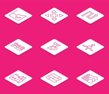 Satır Finansal büyüme artışı, birçok yönden yönlü ok, ok, konum, fabrika ve turta grafiği bilgi simgesi. Vektör