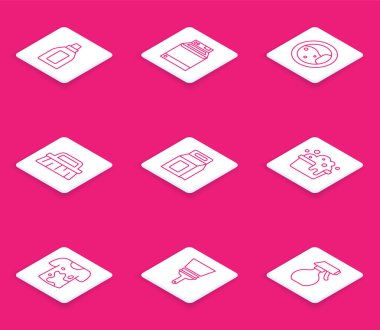 Temizlik malzemesi, çamaşır makinesi, fırça deterjanı, sabun köpüklü leğen, kirli tişört ve cam temizleme ikonu için bir çizgi hazırla. Vektör