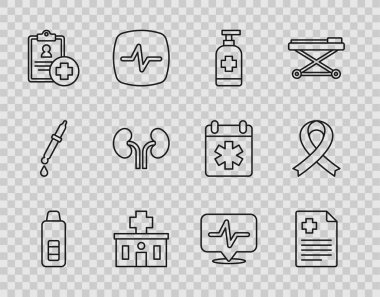 Dijital termometre, hasta kaydı, antibakteriyel sabun, hastane binası, insan böbrekleri, kalp atış hızı ve farkındalık kurdelesi ikonu. Vektör