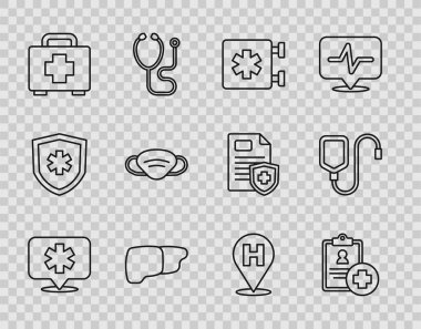 Sabit hat konum hastanesi, hasta kaydı, acil durum - Star of Life, organ ciğeri, ilk yardım kiti, tıbbi koruyucu maske ve serum poşeti ikonu. Vektör