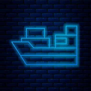 Parlak neon çizgili kargo gemisi, duvarda izole edilmiş kutu servis ikonu var. Teslimat, ulaşım. Paketleri, kutuları, malları olan bir şilep. Vektör