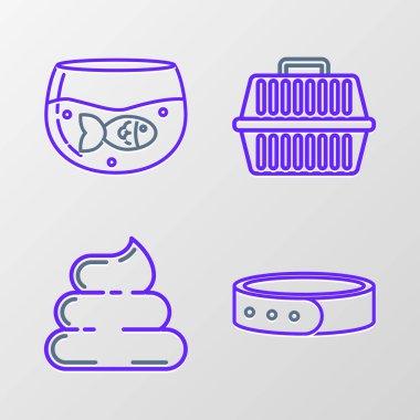 Set line Collar with name tag, Shit, Pet carry case and Aquarium fish icon. Vector