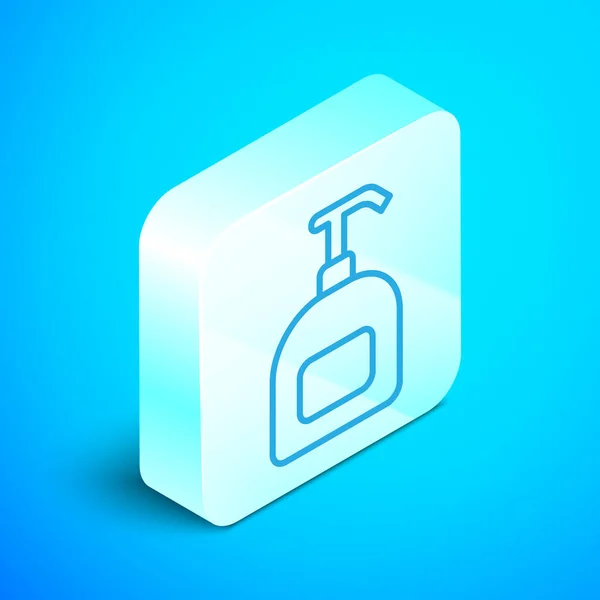 等距直线瓶液体抗菌肥皂与配药图标分离蓝色背景 防腐剂消毒 护肤银方按钮 — 图库矢量图片