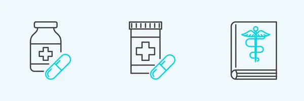 Set Baris Buku Medis Botol Obat Dan Pil Dan Ikon - Stok Vektor