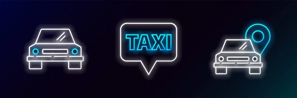 Állítsa Térkép Mutató Taxi Autó Ikon Ragyogó Neon Vektor — Stock Vector