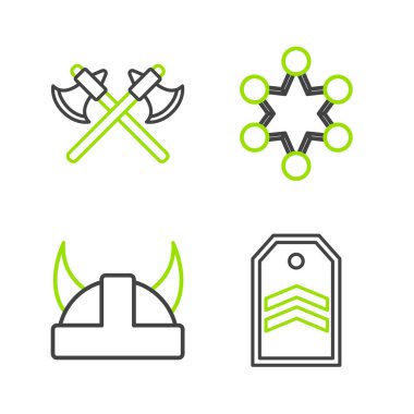 Boynuzlu miğferli Chevron Viking çizgisi polis rozeti ve orta çağ balta simgesi. Vektör.