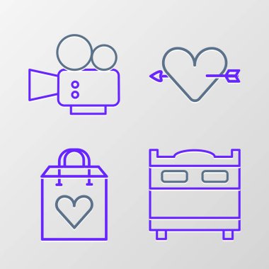 Yatak odası, alışveriş torbası, aşk, ok ve sinema kamerası ikonu. Vektör