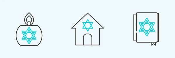 Ställ Judisk Torahbok Brinnande Ljus Och Synagogikon Vektor — Stock vektor