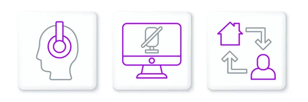 Set Line Online Working Freelancer Und Mute Mikrofon Computer Icon — Stockvektor