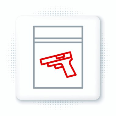 Beyaz arka planda izole edilmiş çizgi kanıt torbası ve tabanca veya silah ikonu. Renkli taslak konsepti. Vektör.