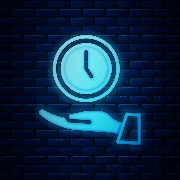 Glowing Neon Clock Icon Isolated Brick Wall Background Time Symbol — Stock Vector