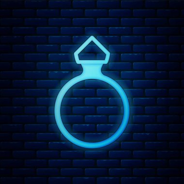 Parlayan neon elmas nişan yüzüğü ikonu tuğla duvar arkasında izole edilmiş. Vektör