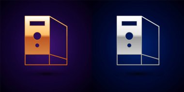 Siyah arka planda izole edilmiş altın ve gümüş renkli bilgisayar simgesi. Bilgisayar sunucusu. İş istasyonu. Vektör