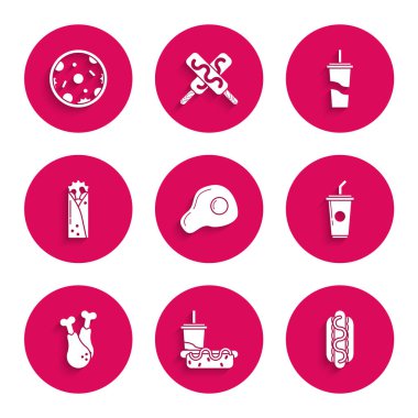 Çırpılmış yumurta, saman ve sosisli sandviç sosisli sandviç hardallı kağıt bardak, su, tavuk budu, çörek kebabı ve pizza ikonu. Vektör