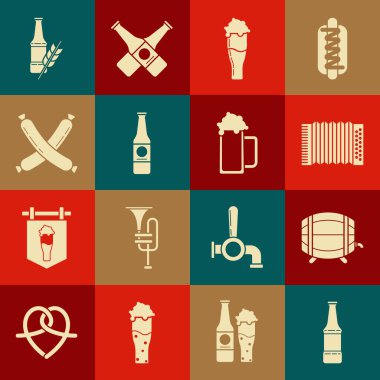 Bira şişesi, tahta fıçı rafta, müzik aleti akordiyonu, bir bardak bira, çapraz sosis ve ikon. Vektör