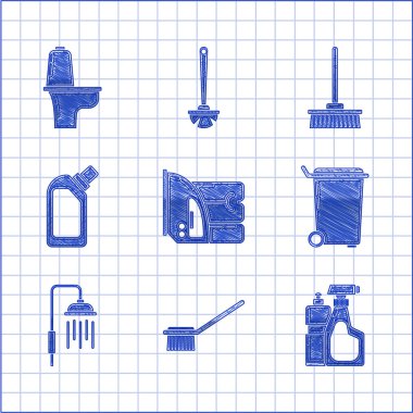 Elektrikli ütü ve havlu temizleme fırçası plastik şişeleri sıvı bulaşık deterjanı duş başlığı, su damlaları ve bowling ikonu için ayarlayın. Vektör.