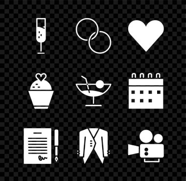 Şampanya kadehi, alyans, kalp, evlilik sözleşmesi, takım elbise, sinema kamerası, kalpli pasta ve kokteyl ikonu. Vektör