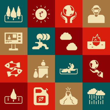 Yağmur bulutu, Dünya 'yı tutan eller, Iceberg, Fıçı yağı sızıntısı, Televizyon raporu, Orman ve ikon. Vektör