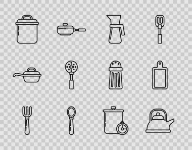 Fork hattı, saplı çaydanlık, ölçü kabı, kaşık, tencere, Spatula, mutfak zamanlayıcısı ve kesim tahtası simgesi. Vektör
