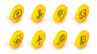 Meteoroloji termometresi, Dünya 'nın küresini tutan insan elleri, geri dönüşüm sembollü Eco House, şarj oluyor, başlık içeride, ampul yaprağı ve elektrik prizi ikonu. Vektör