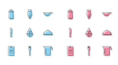 Çizgi kesme tahtası, çatal, tuz ve biber, ölçü kabı, top çay süzgeci kek ikonu için tepsi yiyecek, bıçak ve hamur işi poşeti ile kaplı. Vektör