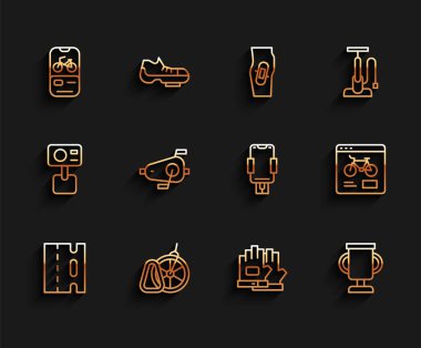 Bisiklet şeridi, park yeri, kiralık mobil uygulama, eldivenler bisiklet, pedallar ve mobil tutucu ikonu olan ödül kupası. Vektör