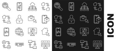 Çevrimiçi sohbet konferansı ayarla, çevrimiçi çalışma, Freelancer, evrak çantalı ve ikonlu büyüteç. Vektör