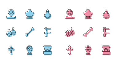 Hristiyan haçı, kuyumcu, mücevher taşı, elmas nişan yüzüğü, Piercing, Calliper kalibre ve ölçeği, küpeler ve kolye mankeni ikonu. Vektör