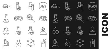 Laboratuvar vitrinini, alkol ruh yakıcısını, zehirli sıvıyla test tüpünü, petri kabı bakterisini, karbondioksit salınımını ve mikroorganizmaları büyüteç altında ayarla. Vektör