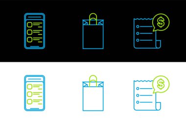 Satır kağıdını ve mali çekini ayarla. Cep telefonu ve torba ikonu üzerinden online alışveriş yap. Vektör