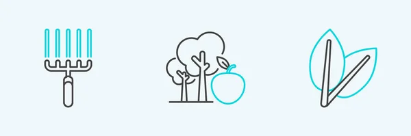 Set Line Blatt Gartenharke Arbeit Und Baum Mit Apfel Symbol — Stockvektor