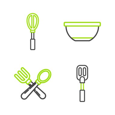 Çizgi Spatula, çapraz çatal ve kaşık, Bowl ve Kitchen çırpma ikonu. Vektör