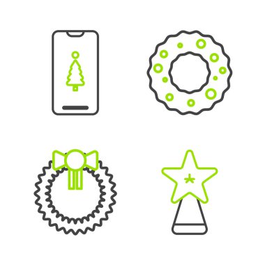 Hediye kutusu ikonlu Noel yıldızı, çelenk ve akıllı telefon hattı. Vektör