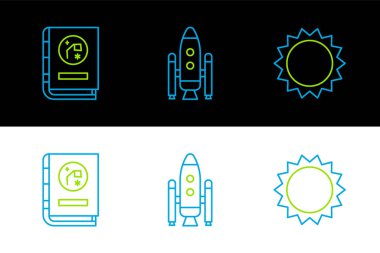 Sun, Book by astronomy ve uzay mekiği ve roket ikonu. Vektör