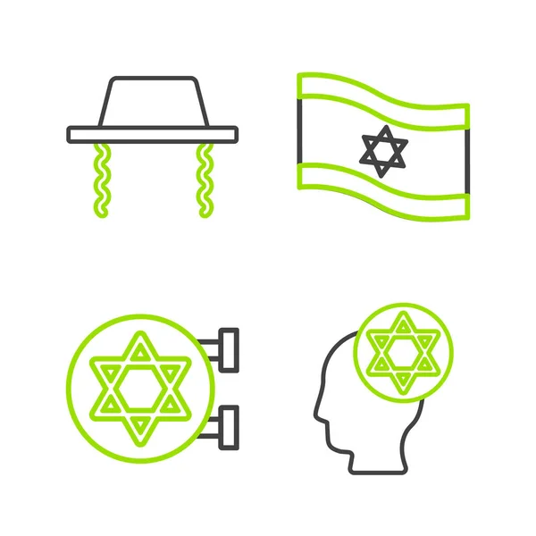 Set Line Orthodox Jewish Hat Jewish Synagogue Flag Israel Icon — Stock Vector