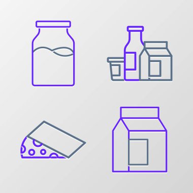 Süt, peynir, süt ürünü ve ikonlu şişe için kağıt paketi hazırlayın. Vektör