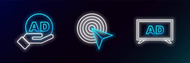 Satır Reklamcılığını ve simgeyi ayarla. Parlayan neon. Vektör