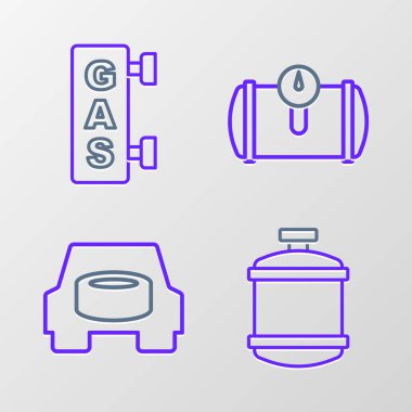 Propan benzin deposu, arabada yedek tekerlek, araç benzini ve benzin istasyonu ikonu ayarlayın. Vektör