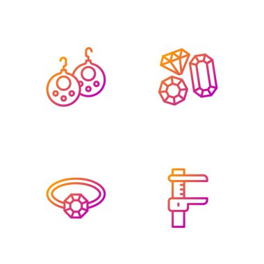 Calliper, Caliper ve Skaler, Diamond nişan yüzüğü, küpeler ve Mücevher Taşı. Renk simgeleri. Vektör