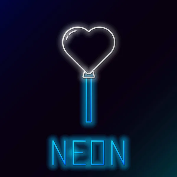 Zářící Neonová Čára Balónky Podobě Srdce Ikonou Stuhy Izolované Černém — Stockový vektor