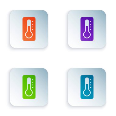 Tıbbi inceleme ikonu için renkli termometre beyaz arka planda izole edildi. Kare düğmelere renkli simgeleri yerleştir. Vektör.