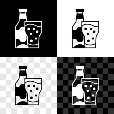 Bira şişesi ve cam ikonu siyah beyaz, şeffaf arkaplanda izole edilmiş. Alkol içeceği sembolü. Vektör.